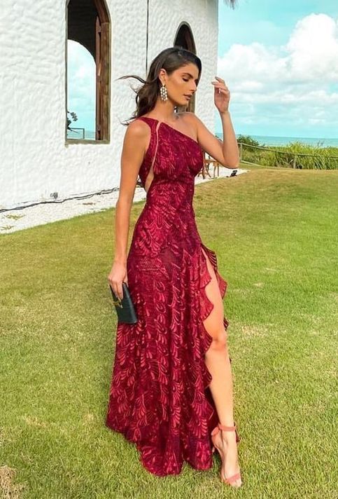 Elegant A Line One Shoulder Red Lace Prom Evening Dresses with Slit Vestidos De Dia AB506