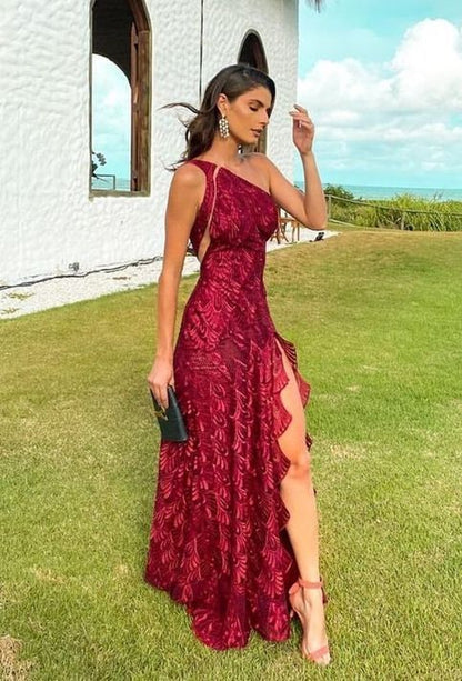 Elegant A Line One Shoulder Red Lace Prom Evening Dresses with Slit Vestidos De Dia AB506