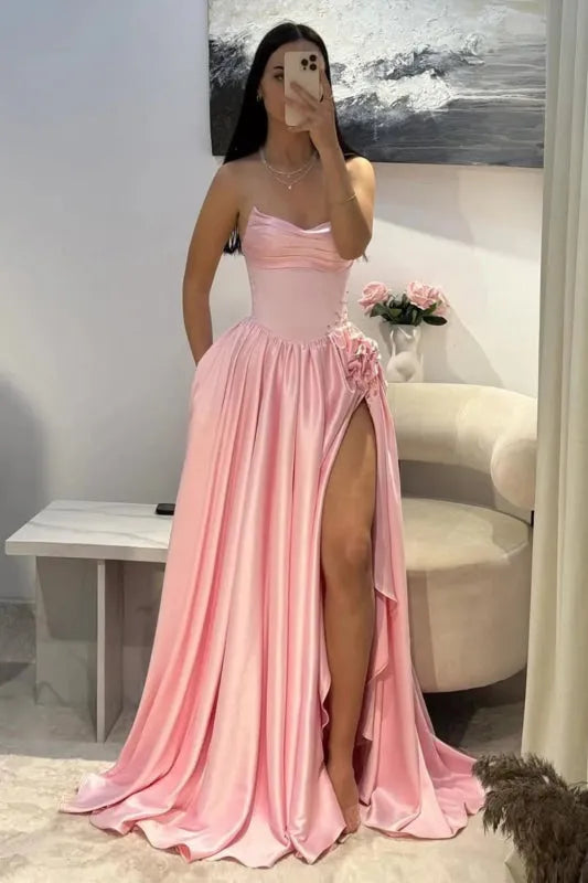 Robe de bal élégante en satin rose satiné, coupe trapèze, décolleté cœur et fente - Inspiration pour adolescentes - Tenue de soirée - Robe de bal AB051