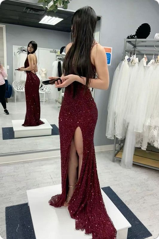 Paillettenbesetztes Meerjungfrauen-Abendkleid, bodenlang, Schnürung am Rücken, Ballkleid AB545