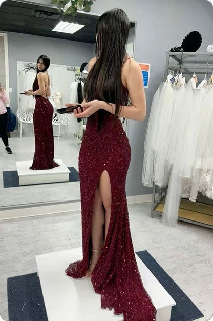 Paillettenbesetztes Meerjungfrauen-Abendkleid, bodenlang, Schnürung am Rücken, Ballkleid AB545