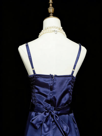 Robe de soirée vintage style années 70/80, coupe trapèze, bretelles spaghetti, bleu marine, idéale pour les adolescentes, les étudiantes et les jeunes filles. Robe longue de bal de fin d'année N1143