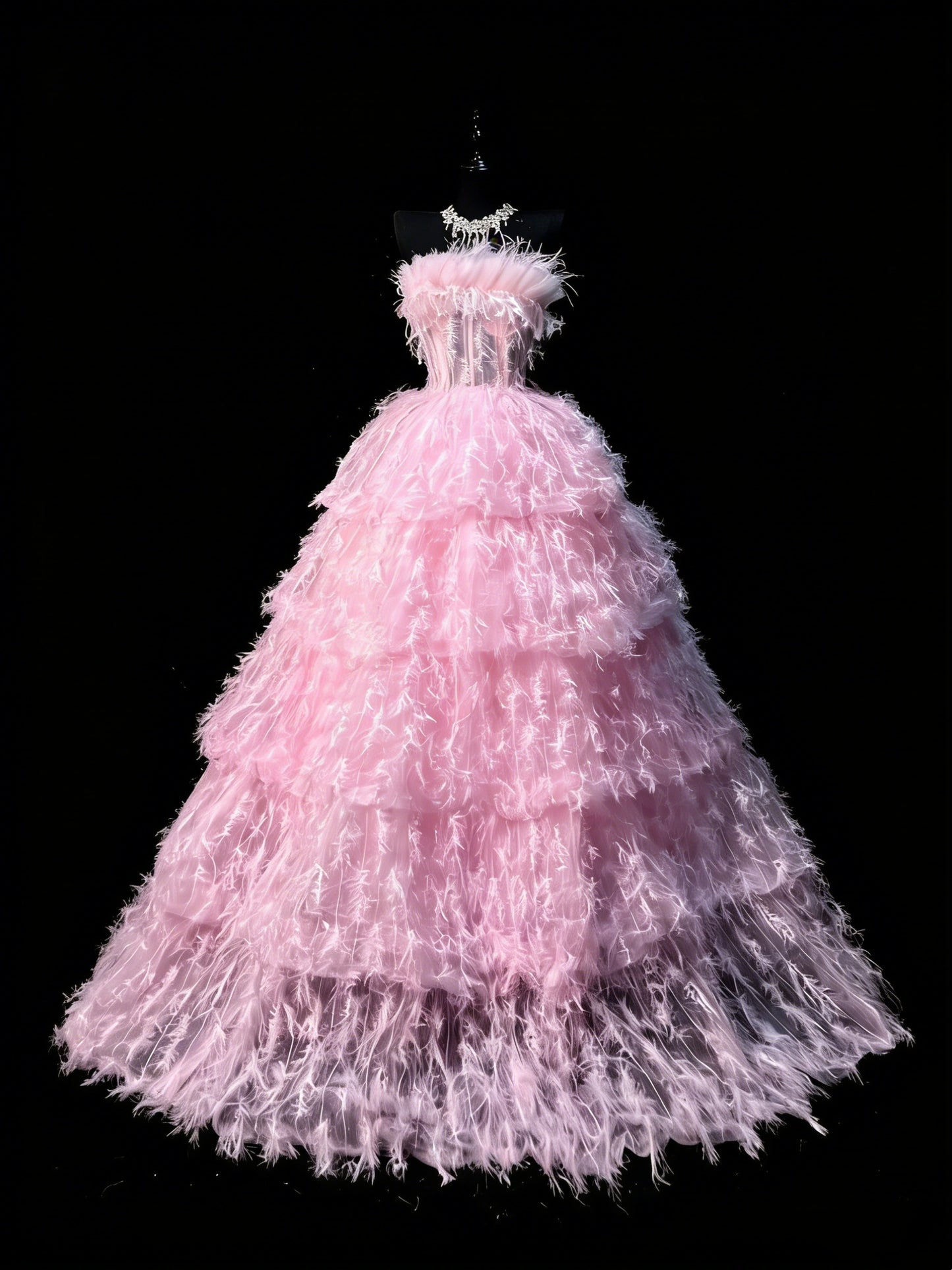 Ballkleid, trägerlos, Tüll, rosa, ärmellos, mit Federn, langes Quinceañera-Kleid für Damen, Sweet-16-Quinceañera-Kleid N1199
