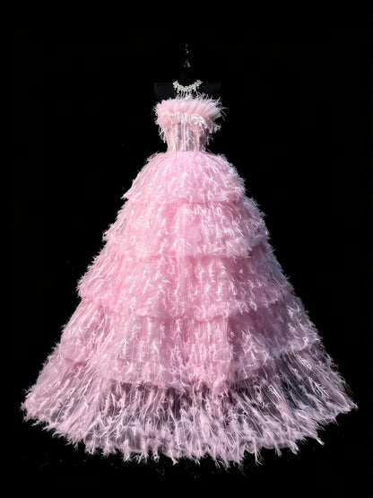 Ballkleid, trägerlos, Tüll, rosa, ärmellos, mit Federn, langes Quinceañera-Kleid für Damen, Sweet-16-Quinceañera-Kleid N1199