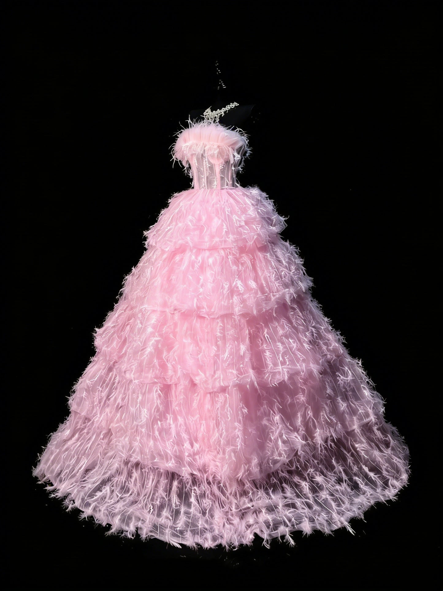 Ballkleid, trägerlos, Tüll, rosa, ärmellos, mit Federn, langes Quinceañera-Kleid für Damen, Sweet-16-Quinceañera-Kleid N1199