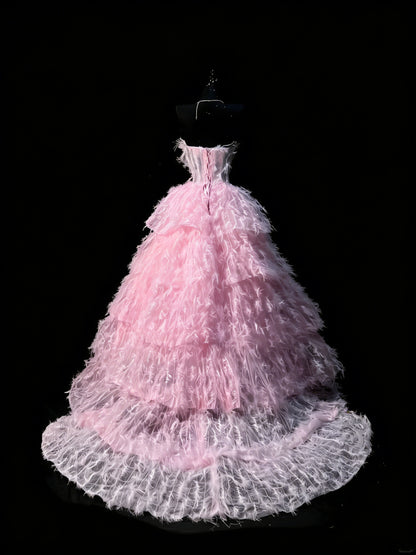 Ballkleid, trägerlos, Tüll, rosa, ärmellos, mit Federn, langes Quinceañera-Kleid für Damen, Sweet-16-Quinceañera-Kleid N1199