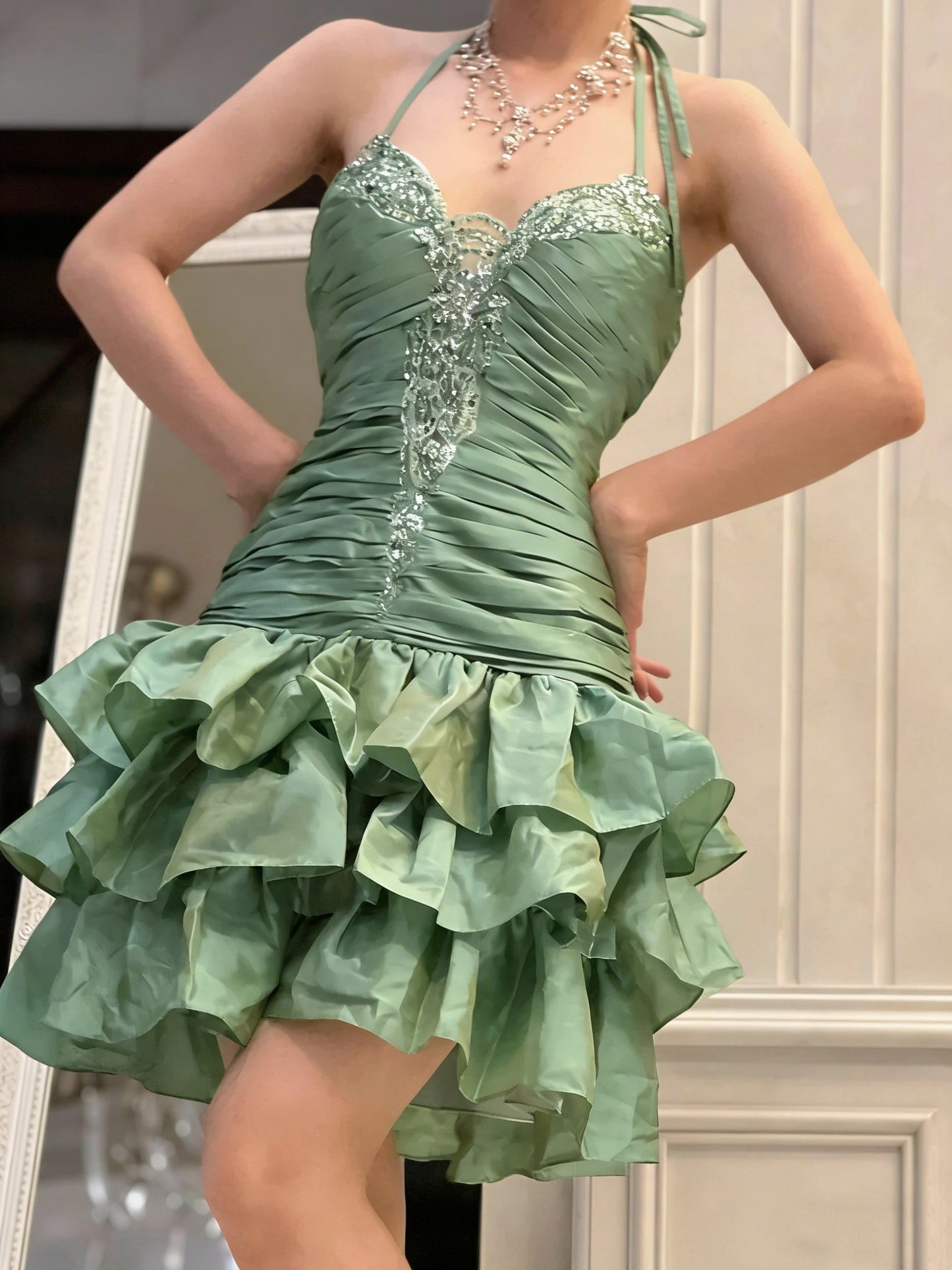 Robe fourreau vintage verte dos nu à taille basse, robe courte Hoco Gowns, robe d'anniversaire, robe de bal de fin d'année, robe Hoco Gown N1201