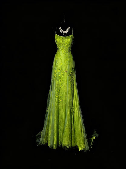 Robe de bal longue sirène à fines bretelles en tulle vert et dentelle, tenue de soirée formelle N989