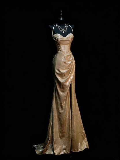 Robe de bal de fin d'année longue à fines bretelles et sequins dorés, style sirène, pour adolescentes (N1180)