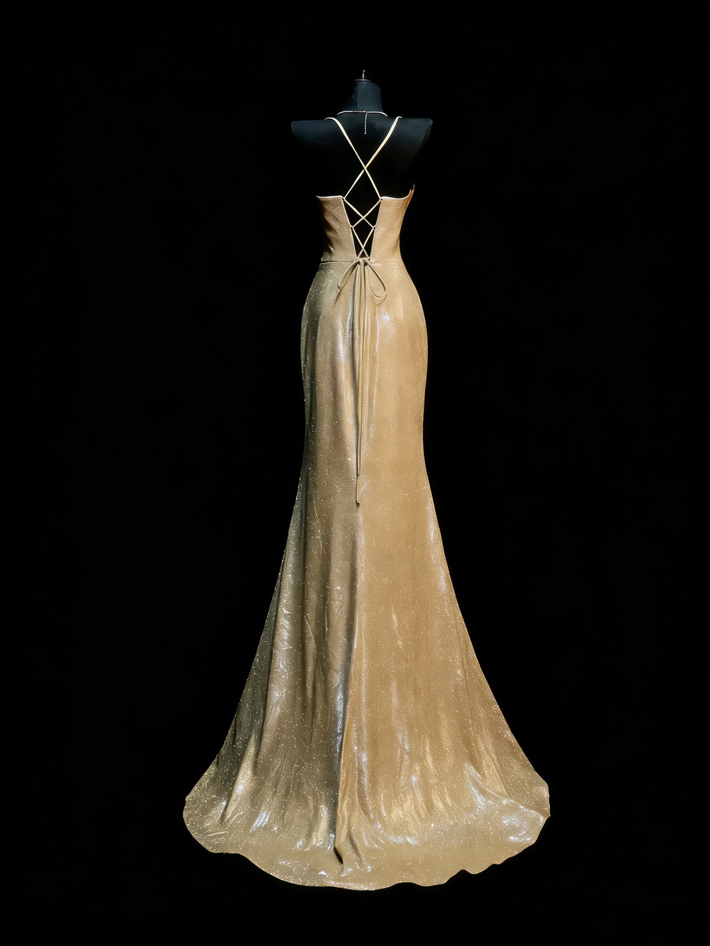 Robe de bal de fin d'année longue à fines bretelles et sequins dorés, style sirène, pour adolescentes (N1180)