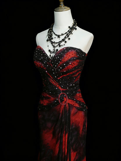 Robe de bal longue de style sirène, bustier cœur, noire et rouge, en mousseline à fleurs et perles, style années 80, pour lycéennes (N1338)