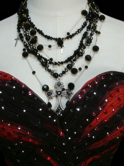 Robe de bal longue de style sirène, bustier cœur, noire et rouge, en mousseline à fleurs et perles, style années 80, pour lycéennes (N1338)