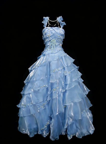 Robe de bal vintage, robe de soirée esthétique carrée, bleu ciel clair, longue, inspiration robe de soirée formelle N1828