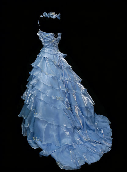 Robe de bal vintage, robe de soirée esthétique carrée, bleu ciel clair, longue, inspiration robe de soirée formelle N1828