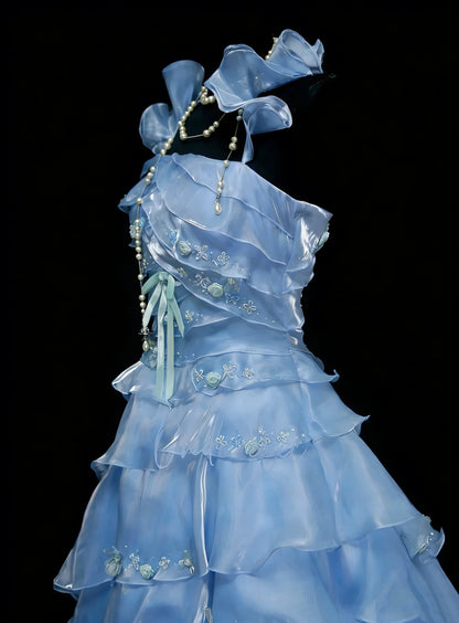 Robe de bal vintage, robe de soirée esthétique carrée, bleu ciel clair, longue, inspiration robe de soirée formelle N1828