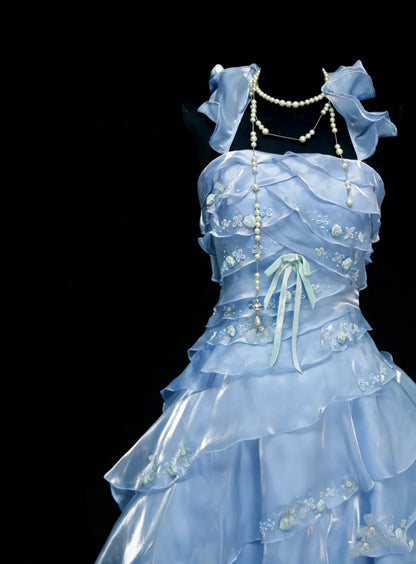 Robe de bal vintage, robe de soirée esthétique carrée, bleu ciel clair, longue, inspiration robe de soirée formelle N1828
