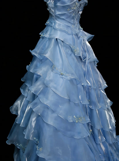 Robe de bal vintage, robe de soirée esthétique carrée, bleu ciel clair, longue, inspiration robe de soirée formelle N1828