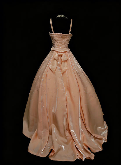 Cute Ball Gown Straps Blush Pink Satin With Beadings Long Party Gowns Prom Dresses N2124