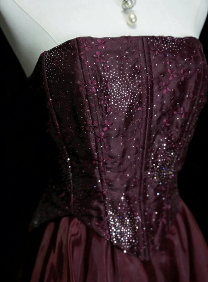 Robes de bal vintage Esthétique Années 50 Rétro Robe de soirée longue bordeaux sans bretelles coupe trapèze N2126