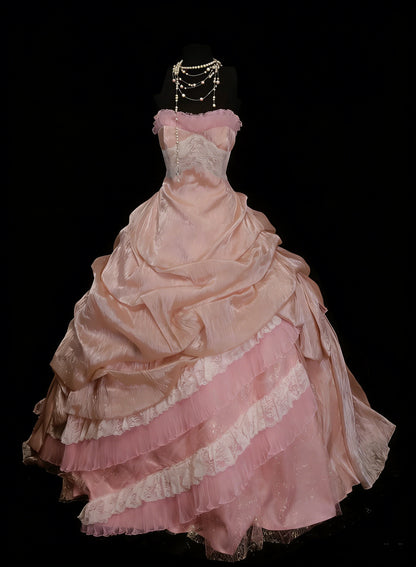 Niedliches Ballkleid, trägerlos, errötendes Rosa mit Rüschen, lange Partykleider, Abschlussballkleider N2127