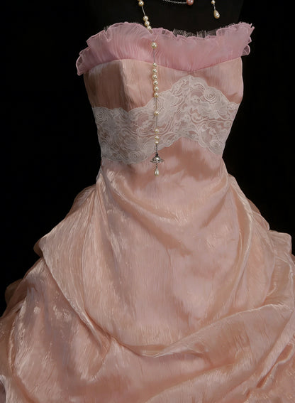 Niedliches Ballkleid, trägerlos, errötendes Rosa mit Rüschen, lange Partykleider, Abschlussballkleider N2127