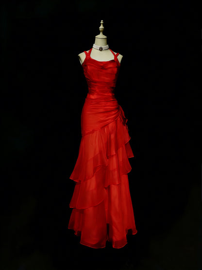 Robe de bal longue rouge en mousseline à fines bretelles sirène, N1417