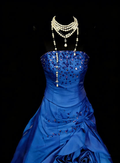 Vintage Ballkleid, trägerlos, königsblauer Satin mit Rüschen und 3D-Blumen, Sweet 16 Kleider, Quinceañera Kleid, lang, Vestidos De Fiesta N1454