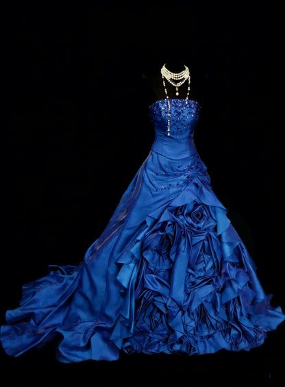 Vintage Ballkleid, trägerlos, königsblauer Satin mit Rüschen und 3D-Blumen, Sweet 16 Kleider, Quinceañera Kleid, lang, Vestidos De Fiesta N1454