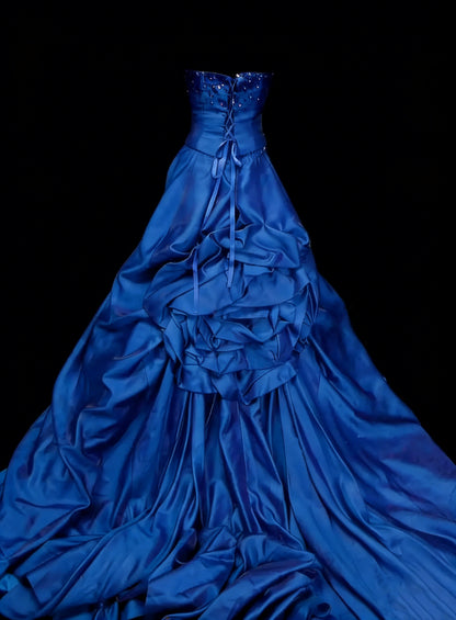 Vintage Ballkleid, trägerlos, königsblauer Satin mit Rüschen und 3D-Blumen, Sweet 16 Kleider, Quinceañera Kleid, lang, Vestidos De Fiesta N1454