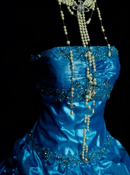 Robe de bal vintage bustier en organza bleu à volants et perles, robe de quinceañera longue taille 15, Vestidos De Fiesta N1455