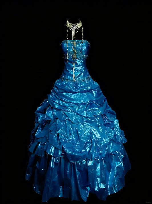 Vintage Ballkleid, trägerlos, blauer Organza mit Rüschen und Perlenbesatz, Sweet 16 Kleider, Quinceañera Kleid, lang, Vestidos De Fiesta N1455