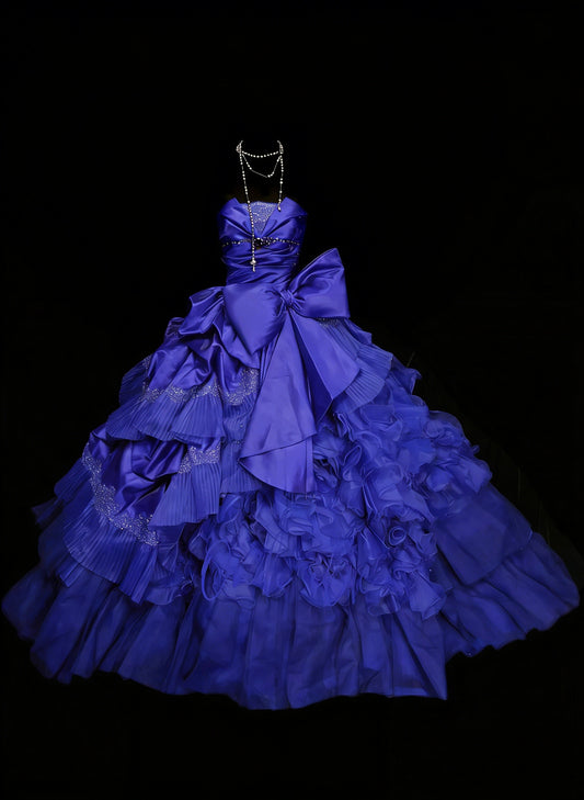 Vintage Ballkleid, trägerlos, königsblauer Satin mit Rüschen und Perlenbesatz, Sweet 16 Kleider, Quinceañera Kleid, lang, Vestidos De Fiesta N1457