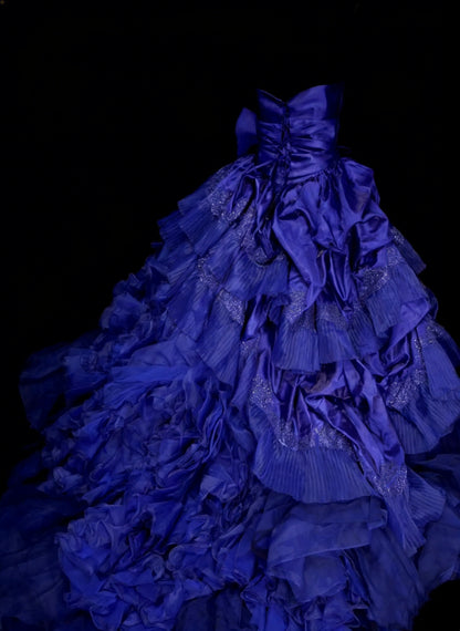 Robe de bal vintage bustier en satin bleu royal avec volants et perles, robe de quinceañera longue taille 15, Vestidos De Fiesta N1457