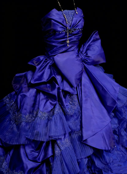 Robe de bal vintage bustier en satin bleu royal avec volants et perles, robe de quinceañera longue taille 15, Vestidos De Fiesta N1457