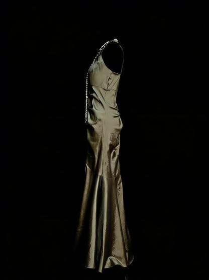 Robe de bal vintage sirène esthétique à col montant vert olive longue, inspiration robe de soirée formelle N1827