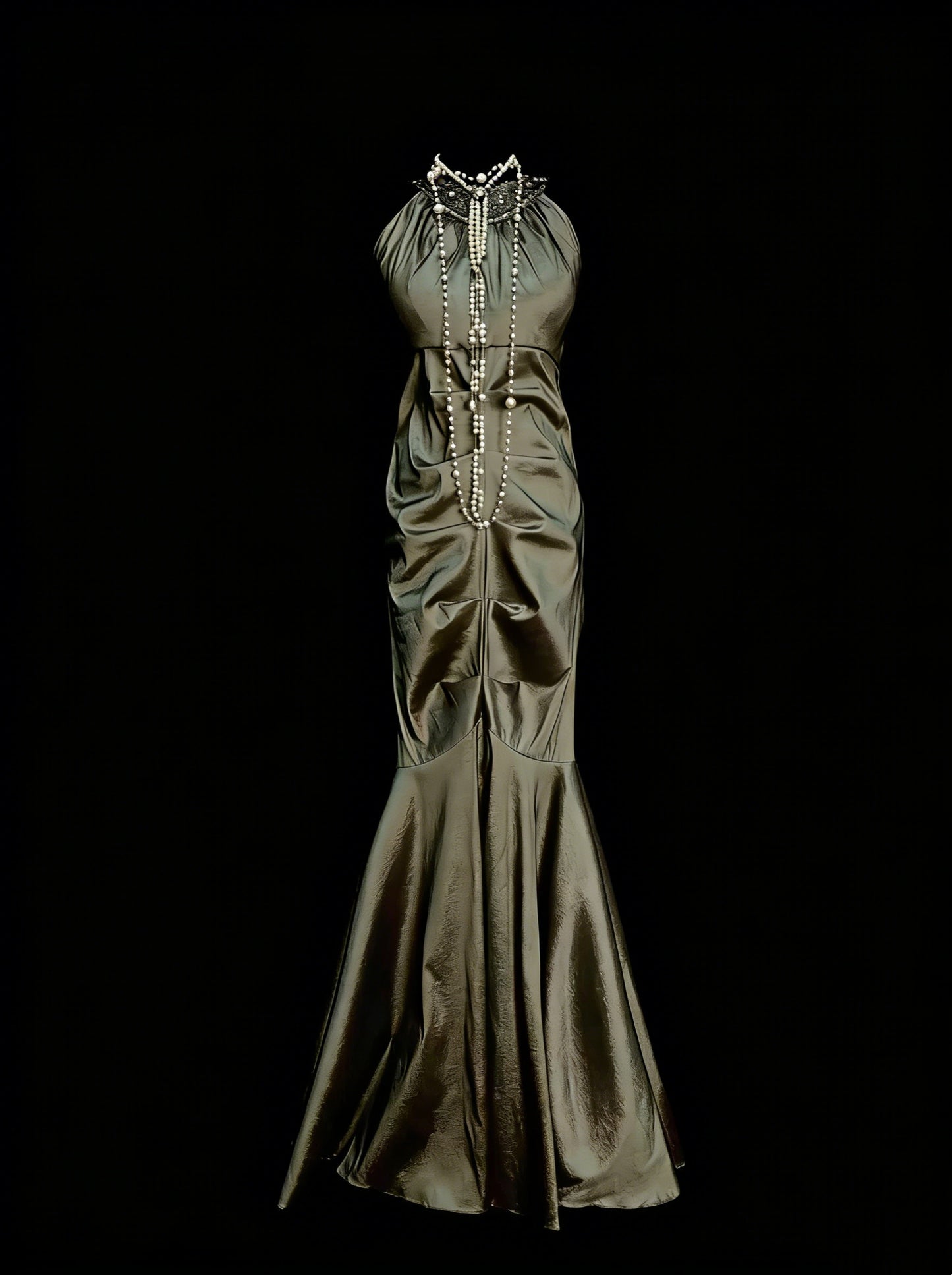 Robe de bal vintage sirène esthétique à col montant vert olive longue, inspiration robe de soirée formelle N1827