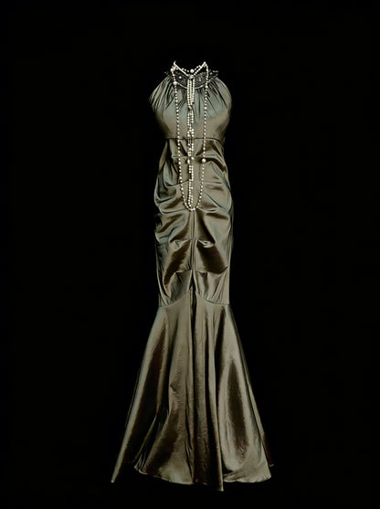 Robe de bal vintage sirène esthétique à col montant vert olive longue, inspiration robe de soirée formelle N1827