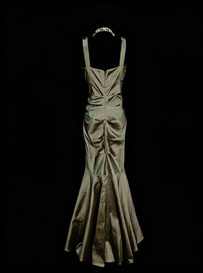 Robe de bal vintage sirène esthétique à col montant vert olive longue, inspiration robe de soirée formelle N1827
