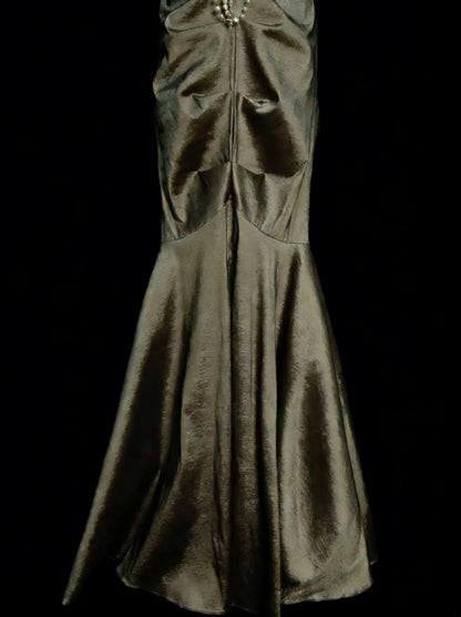 Robe de bal vintage sirène esthétique à col montant vert olive longue, inspiration robe de soirée formelle N1827