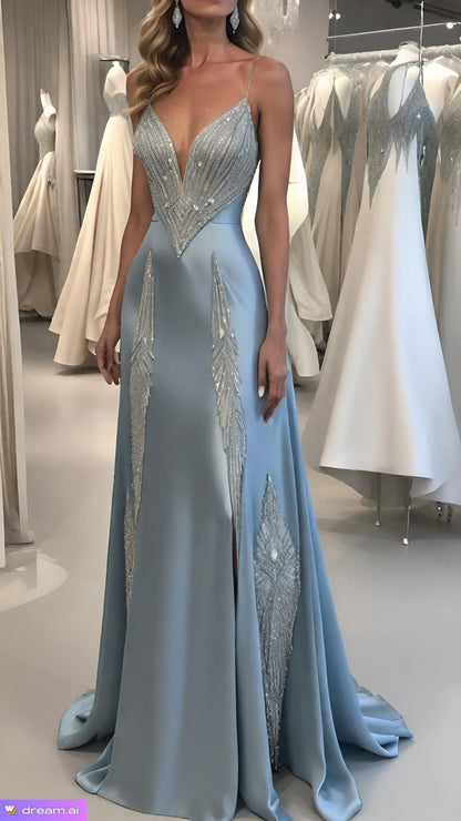 Robe de bal sirène/trompette à traîne courte, ornée de perles bleues, robe de soirée sirène élégante style célébrité pour femme AB1454