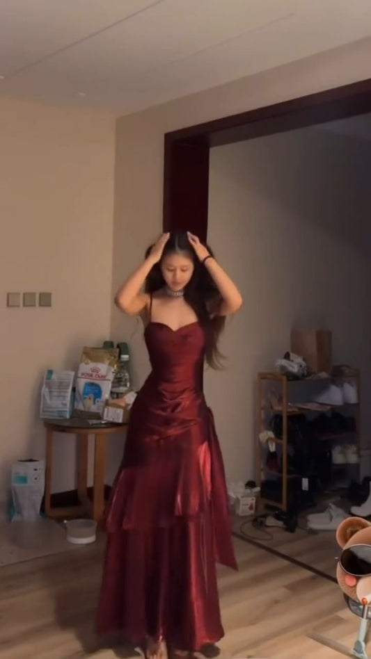 Elegant Mermaid Spaghetti Straps Burgundy Chiffon Long Prom Dress Formal Evening Dresses AB542