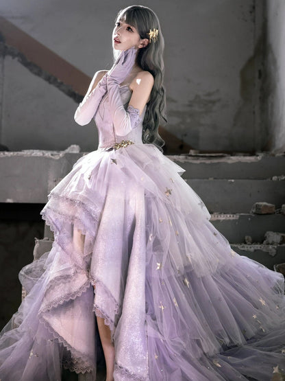Princess High Low Strapless Purple Satin With Lace Prom Dresses Long Party Dress Grad Formal Evening Gowns AB2171