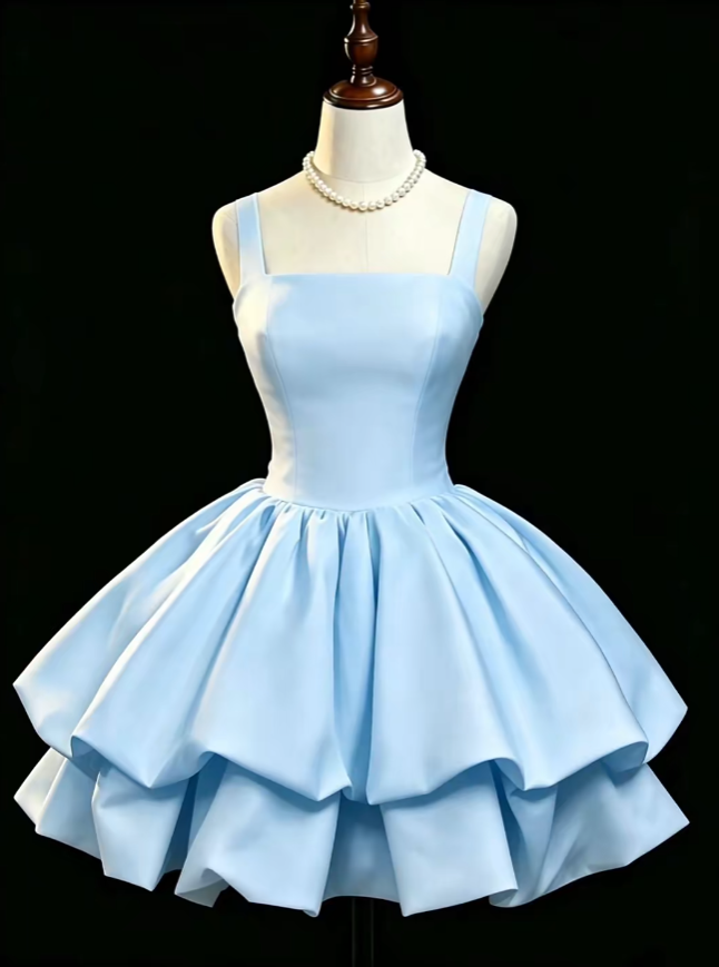 Charming Ball Gown Straps Satin Blue Mini University Ideas Homecoming Dress Inspo Short Birthday Dresses Senior Graduation Outfits RB7180