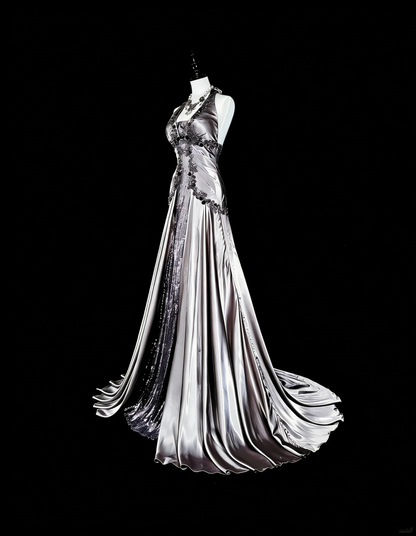Vintage Prom Dresses Aesthetic Mermaid Halter Silver Grey Taffeta Classic Inspo Party Dress With Crystals Gem N2000