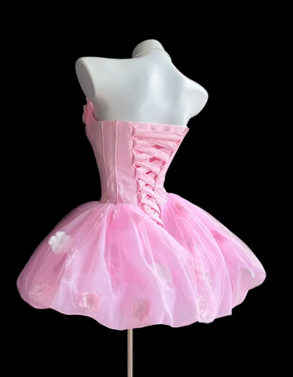 Pretty Ball Gown Strapless Pink Tulle Short Mini Party Homecoming Dresses High School Ideas Inspo 16th Birthday Outfits RB7355