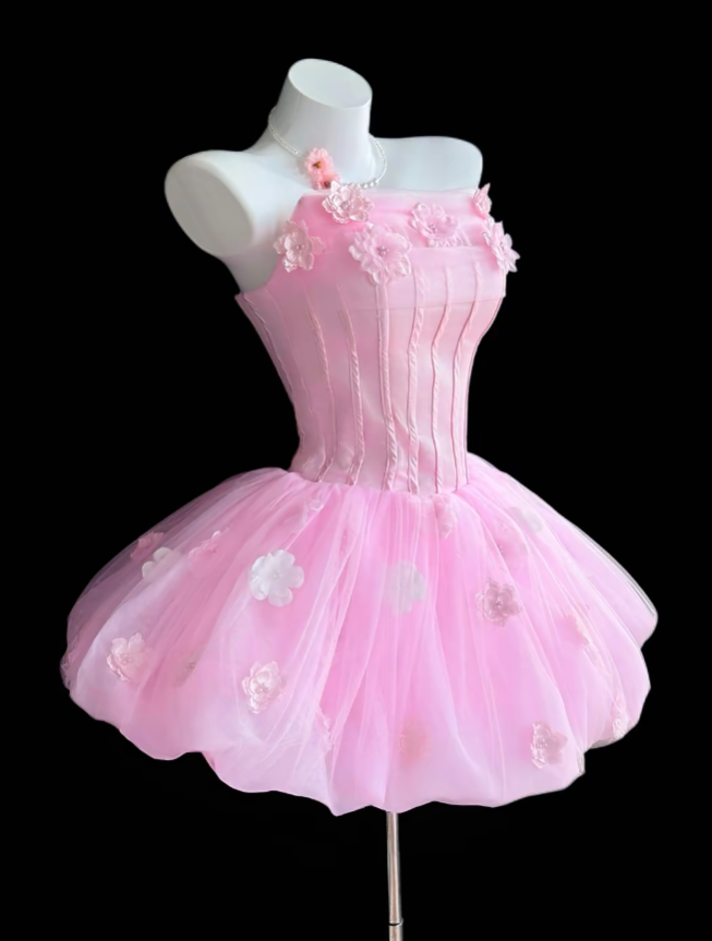 Pretty Ball Gown Strapless Pink Tulle Short Mini Party Homecoming Dresses High School Ideas Inspo 16th Birthday Outfits RB7355
