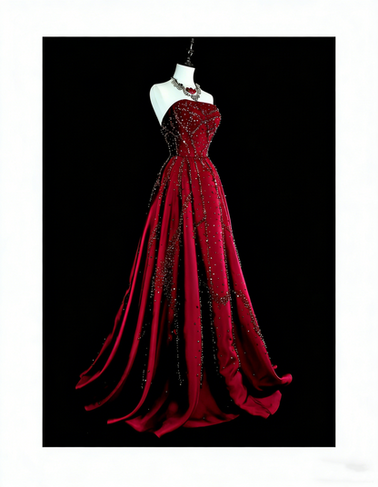 Vintage 1780er Jahre A-Linien-Abendkleid, trägerlos, dunkelrot, ärmellos, mit Perlenstickerei, N1600