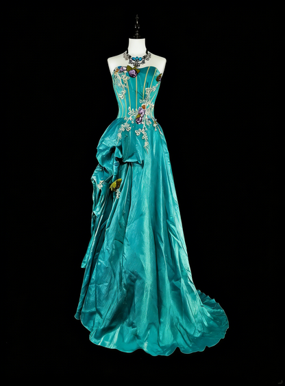 Robe de bal longue vintage années 70, coupe trapèze, sans bretelles, en satin bleu orné d'appliqués, idéale pour les soirées et les fêtes (N1830)