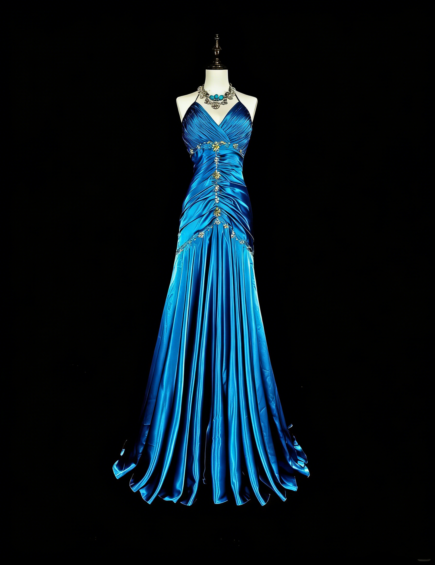 Vintage Meerjungfrau-Abschlussballkleid Neckholder Blau Satin mit Perlen Langes Abendkleid N2378