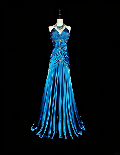 Vintage Meerjungfrau-Abschlussballkleid Neckholder Blau Satin mit Perlen Langes Abendkleid N2378
